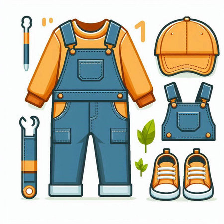 Set of work tools and overalls. Vector illustration in cartoon style.のイラスト素材