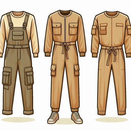 Vector illustration of set of military jumpsuit. Front, side and back views.のイラスト素材