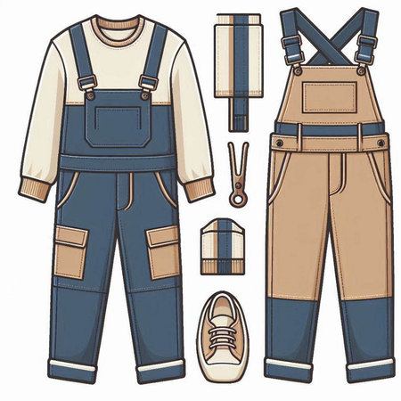 Set of work overalls, pants and shoes. Vector illustration.のイラスト素材