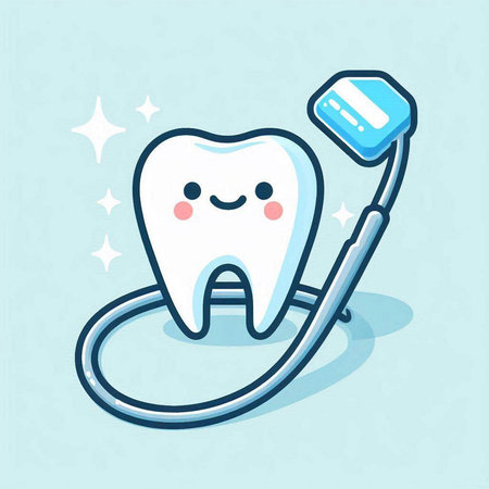 Cute cartoon tooth with dental floss on blue background. Vector illustration.のイラスト素材