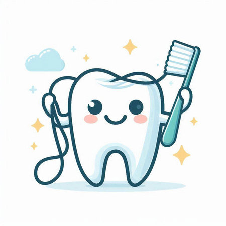 Cute cartoon tooth character with toothbrush and toothpaste. Vector illustration.のイラスト素材