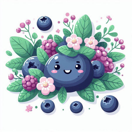 Cute cartoon blueberry with flowers and leaves. Vector illustration.のイラスト素材