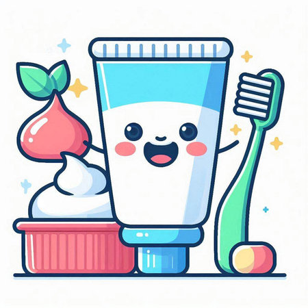 Cute cartoon yogurt with toothbrush and toothpaste. Vector illustration.のイラスト素材