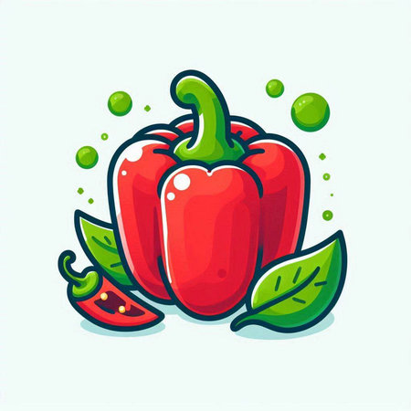 Pepper icon. Vector illustration of a red bell pepper with green leavesのイラスト素材