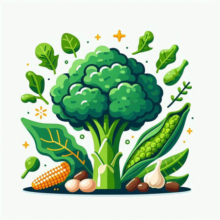 Vector illustration of broccoli, corn, beans, peas and garlic.のイラスト素材