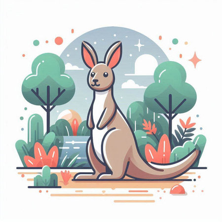Kangaroo in the park. Vector illustration in flat style.のイラスト素材