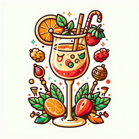 Cocktail with fruits and berries, hand drawn vector illustration.のイラスト素材