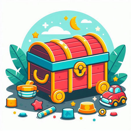 Cartoon vector illustration of a treasure chest and children's toys.のイラスト素材