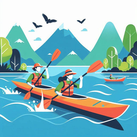 Kayaking in the mountains. Vector illustration of a flat design.のイラスト素材