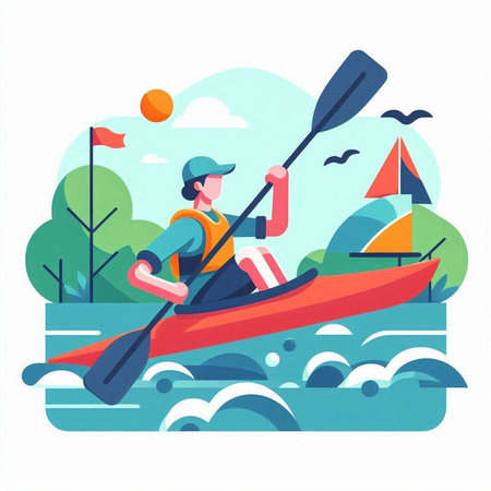 Kayaking flat color vector faceless character. Sportswoman in kayak on river. Recreational activity isolated cartoon illustration for web graphic design and animationのイラスト素材