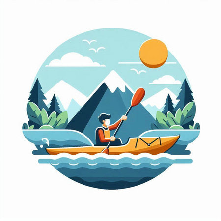 Man in a kayak on the lake. Vector illustration in flat styleのイラスト素材