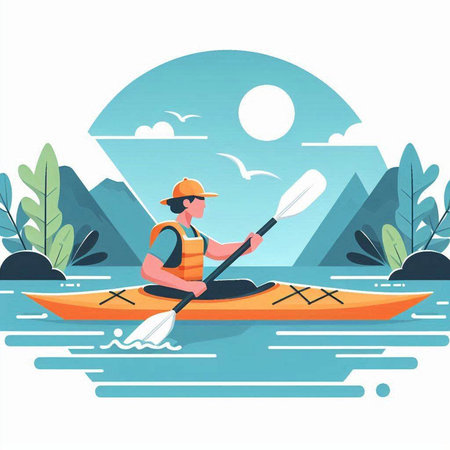 Man in a kayak on the river. Flat vector illustration.のイラスト素材