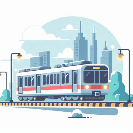 Vector illustration of the train on the background of the city landscape.のイラスト素材