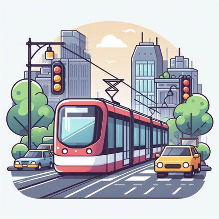 Modern tram on the city street. Vector illustration in flat style.のイラスト素材