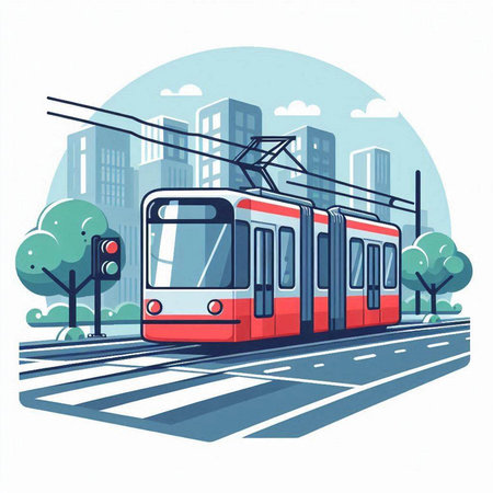 Red tram on the city street. Vector illustration in flat style.のイラスト素材