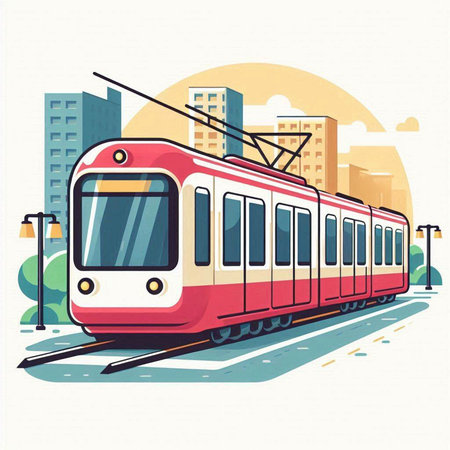 Train on the background of the city. Vector illustration in flat style.のイラスト素材