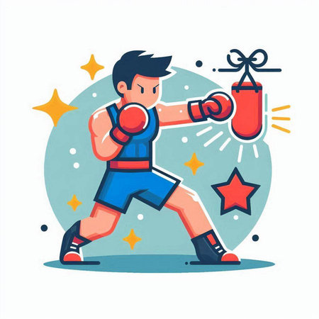 Cartoon boxer with boxing gloves. Vector illustration in flat style.のイラスト素材