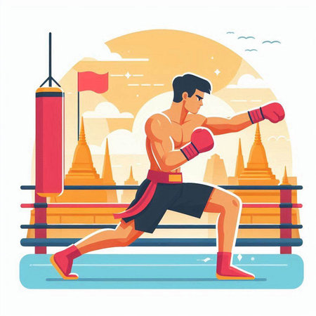 Thai boxer training in the ring. Vector illustration in flat styleのイラスト素材