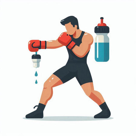 Boxer training with water bottle. Vector illustration in flat cartoon styleのイラスト素材