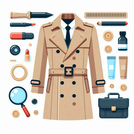 Vector illustration of a beige trench coat with accessories in flat style.のイラスト素材