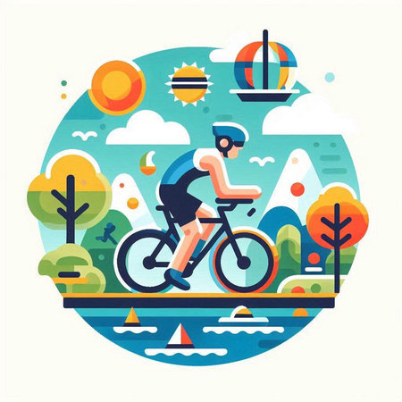Cyclist riding bicycle in the park. Flat vector illustration.のイラスト素材