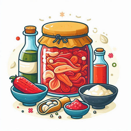 Homemade canned food in glass jar with ingredients. Vector illustration.のイラスト素材