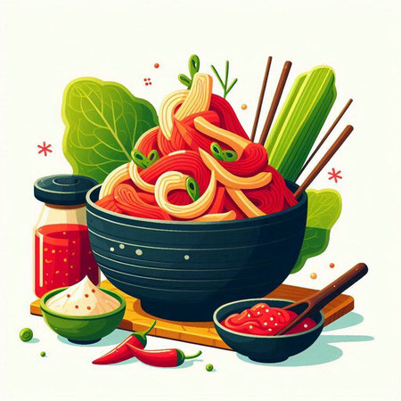 Illustration of a bowl of spicy noodles with chopsticks and vegetablesのイラスト素材
