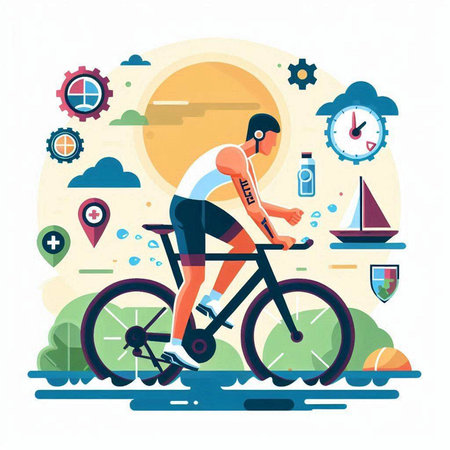 Cyclist riding bicycle flat vector illustration. Sport and healthy lifestyle concept.のイラスト素材