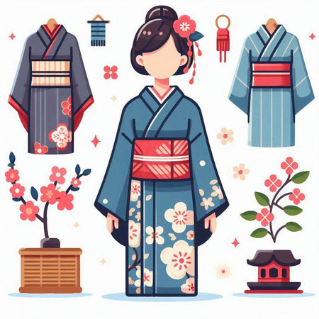 Japanese woman in kimono and sakura. Vector illustration.のイラスト素材