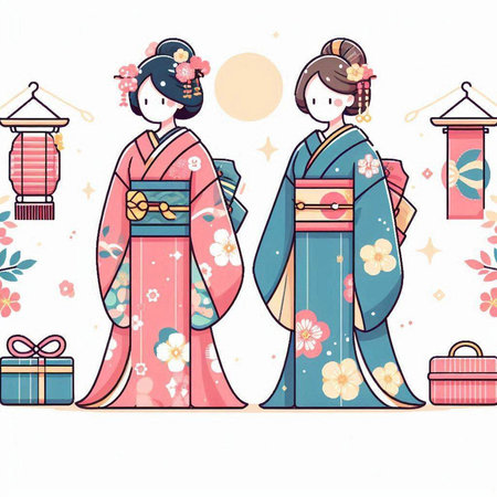 Japanese girls in traditional kimono with gifts. Vector illustration.のイラスト素材