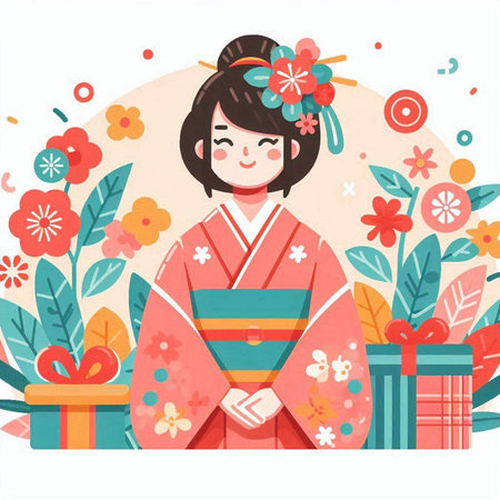 Cute kimono girl with gifts and flowers. Vector illustration.のイラスト素材