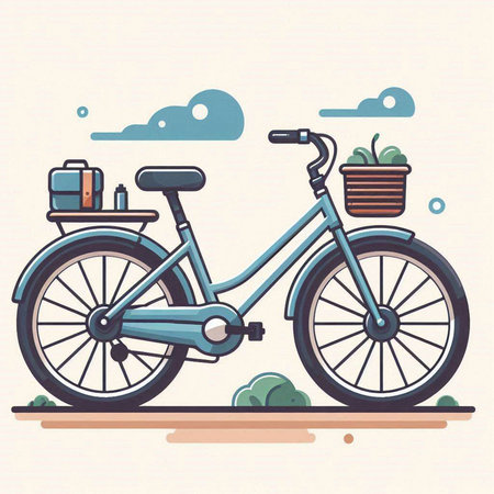 Retro bicycle with basket of apples on the road. Vector illustration.のイラスト素材