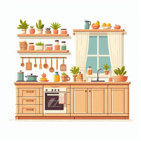 Kitchen interior. Furniture and utensils. Vector illustrationのイラスト素材