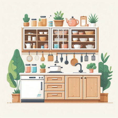 Kitchen interior with furniture. Vector illustration in flat cartoon style.のイラスト素材