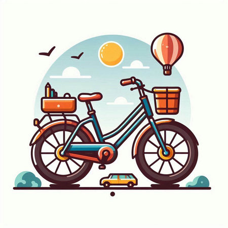 Bicycle with basket and hot air balloon. Vector illustration in flat styleのイラスト素材