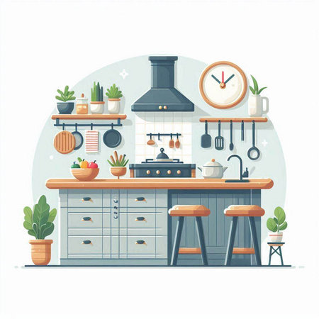 Kitchen interior with furniture and kitchenware. Flat style vector illustration.のイラスト素材
