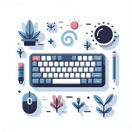 Flat design modern vector illustration concept of working from home with keyboard, mouse, plant and other objects.のイラスト素材