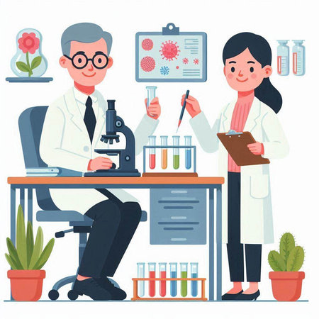 Male and female scientists in laboratory. Scientist with test tubes and microscope. Vector illustrationのイラスト素材
