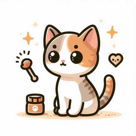 Cute cartoon cat with bone on white background. Vector illustration.のイラスト素材