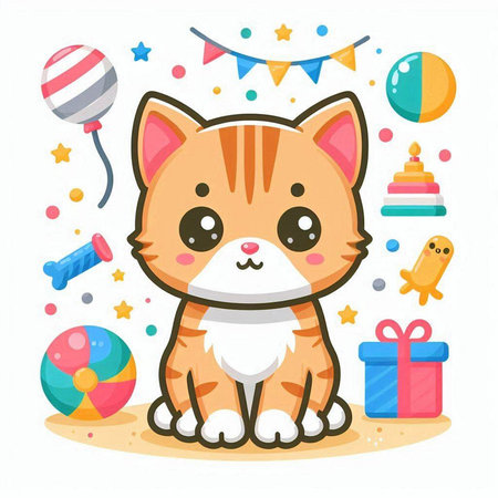 Cute cartoon cat sitting on the sand with toys. Vector illustration.のイラスト素材