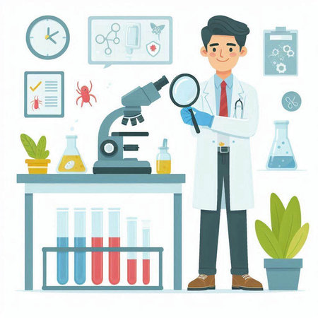 Scientist with microscope and flask in laboratory. Vector illustration in flat styleのイラスト素材