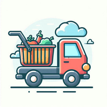 Cargo truck with basket of fresh vegetables. Colorful flat vector illustration.のイラスト素材