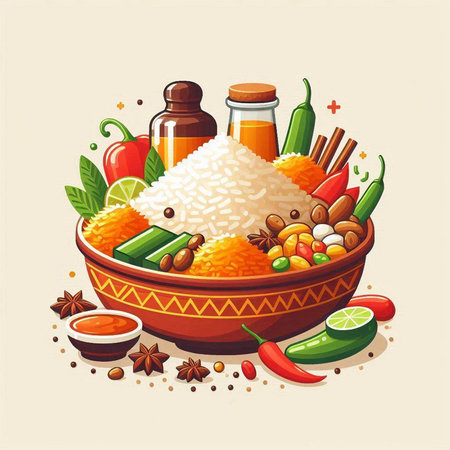 Bowl of rice with vegetables and spices. Vector illustration in cartoon style.のイラスト素材