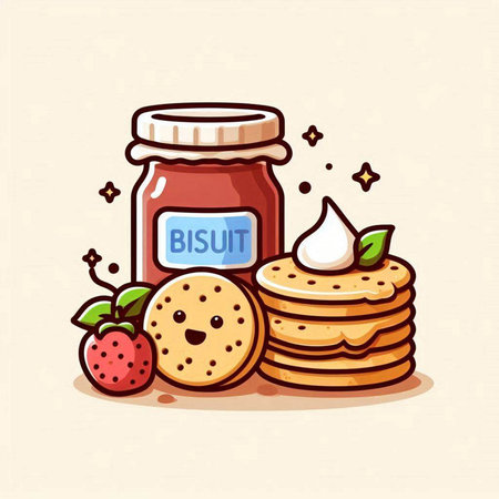 Illustration of a jar of strawberry jam and a stack of cookiesのイラスト素材