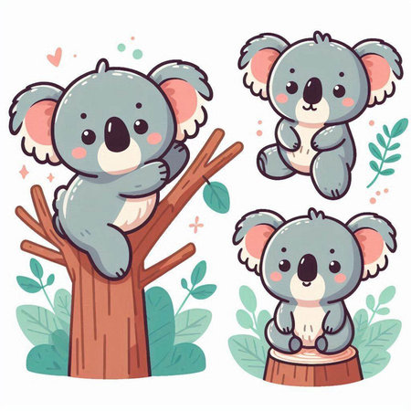 Cute cartoon koala bear on the tree. Vector illustration.のイラスト素材