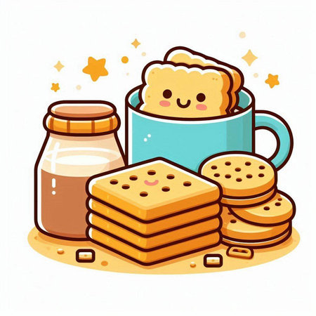 Cute cartoon vector illustration of a cup of coffee and cookies.のイラスト素材