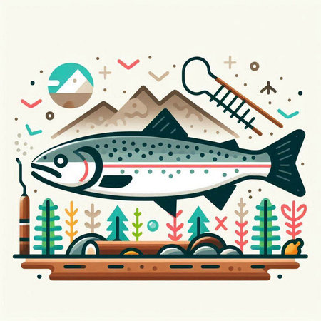 Vector illustration of a trout on the background of the sea, mountains.のイラスト素材