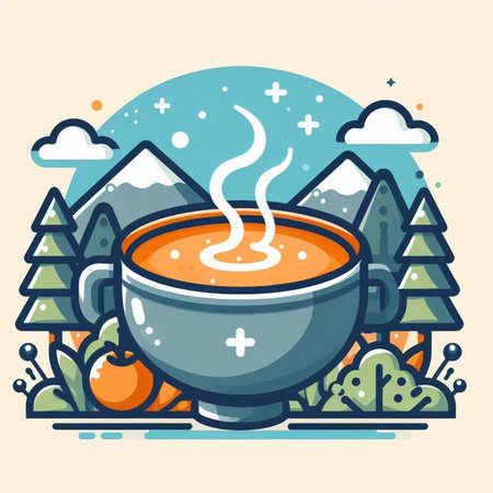 Cream soup in a bowl. Vector illustration in flat style.のイラスト素材