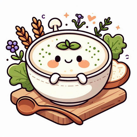 Illustration of a Cute Cartoon Radish Soup Served in a Bowlのイラスト素材