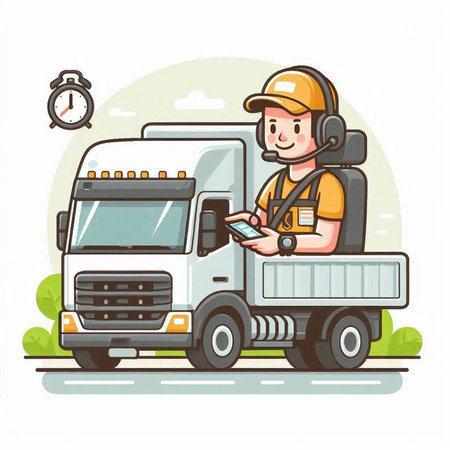 Vector illustration of a delivery man in uniform and helmet with mobile phone.のイラスト素材